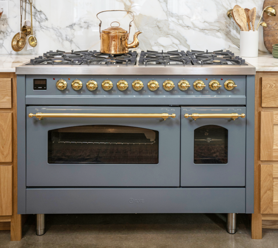 Nostalgie II 60 Dual Fuel Range in Blue Grey with Brass Trim