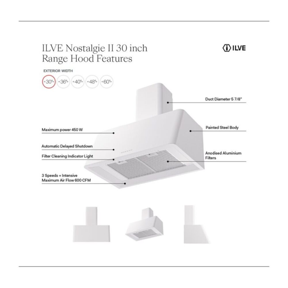ILVE UAG30 Nostalgie II 30 inch Wall Mount Range Hood with 600 CFM, 3 Speed + Intensive, Front LED Light Bar