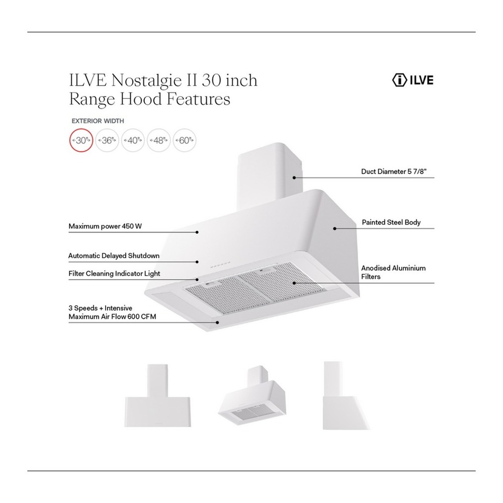 ILVE UAG30 Nostalgie II 30 inch Wall Mount Range Hood with 600 CFM, 3 Speed + Intensive, Front LED Light Bar