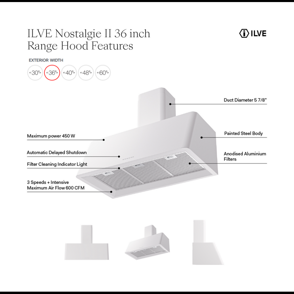 ILVE UAG36EG Nostalgie II 36 inch Wall Mount Range Hood with 600 CFM, 3 Speed + Intensive, Front LED Light Bar (Emerald Green) 2 UAG36EG - Hood Features