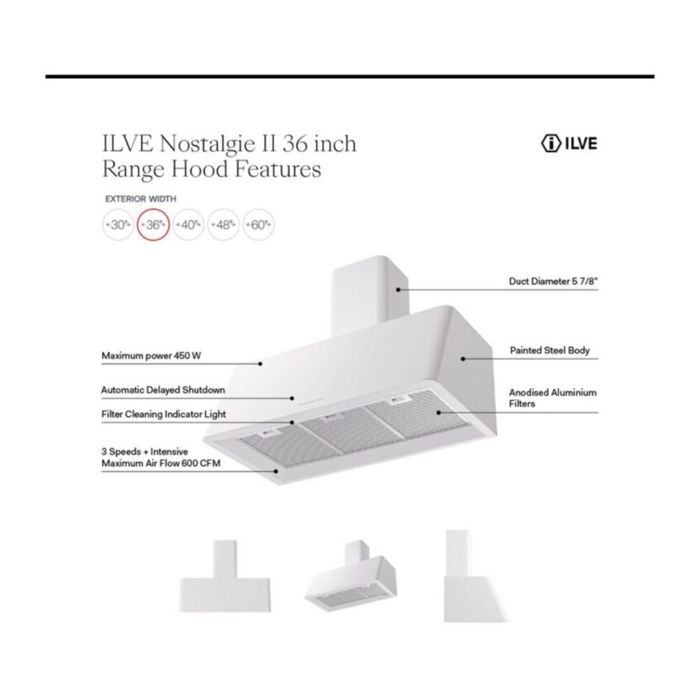 ILVE UAG36 Nostalgie II 36 inch Wall Mount Range Hood with 600 CFM, 3 Speed + Intensive, Front LED Light Bar