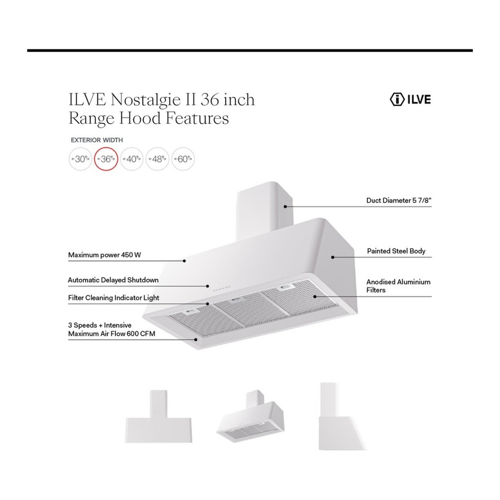 ILVE UAG36 Nostalgie II 36 inch Wall Mount Range Hood with 600 CFM, 3 Speed + Intensive, Front LED Light Bar