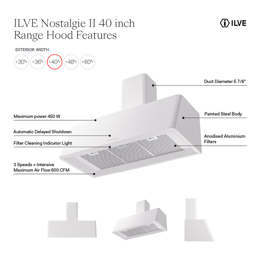 ILVE UAG40SS Nostalgie II 40 inch Wall Mount Range Hood with 600 CFM, 3 Speed + Intensive, Front LED Light Bar (Stainless Steel) 2 UAG40SS - hood features