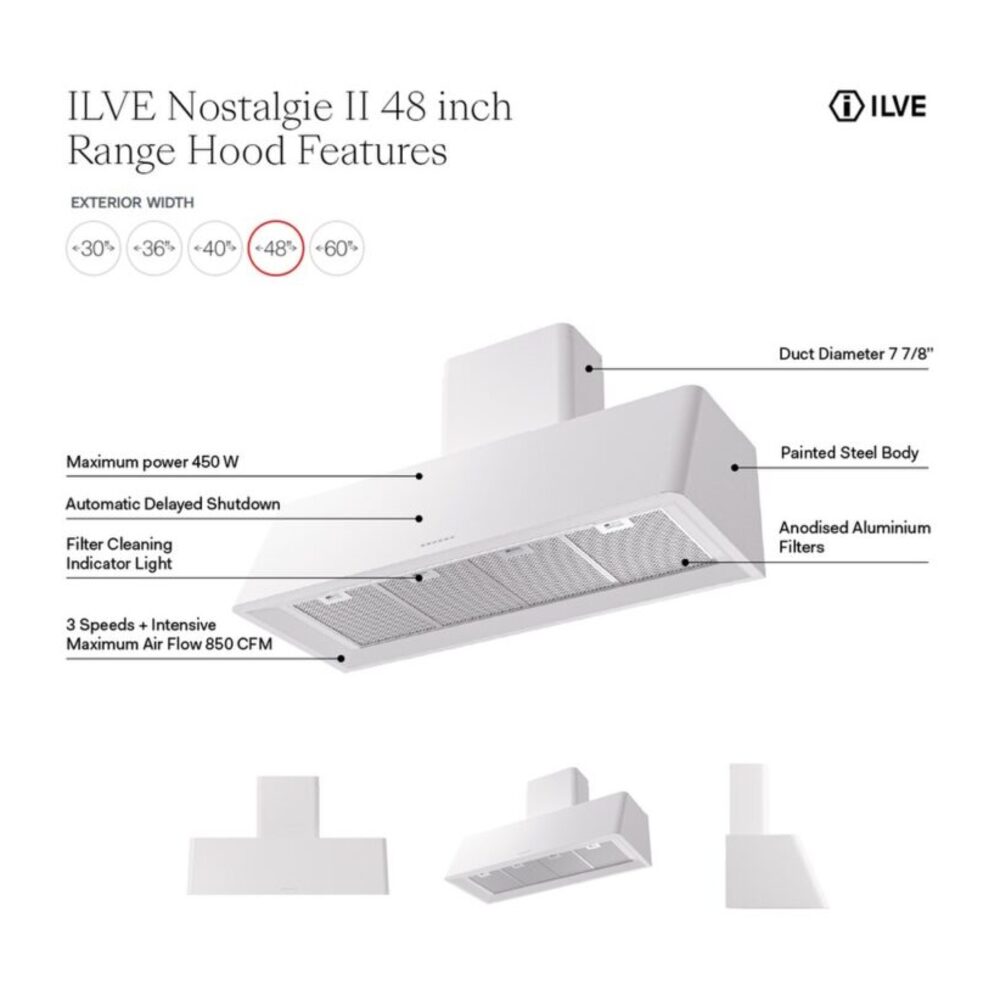 ILVE UAG48 Nostalgie II 48 inch Wall Mount Range Hood with 850 CFM, 3 Speed + Intensive, Front LED Light Bar