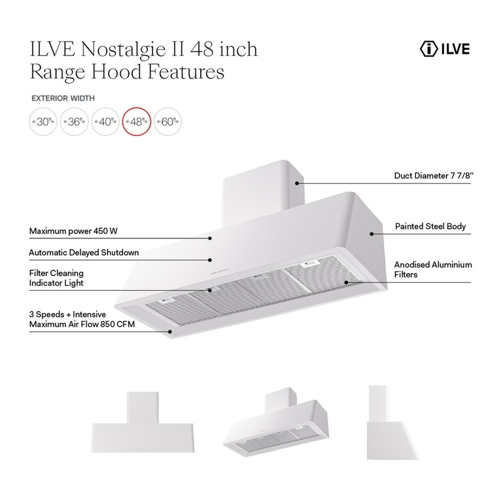 ILVE UAG48 Nostalgie II 48 inch Wall Mount Range Hood with 850 CFM, 3 Speed + Intensive, Front LED Light Bar