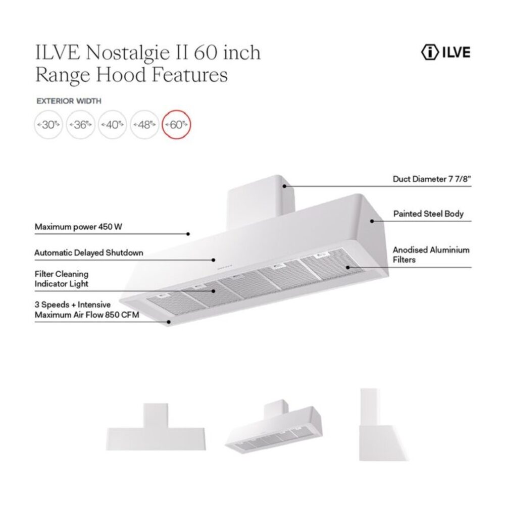 ILVE UAG60 Nostalgie II 60 inch Wall Mount Range Hood with 850 CFM, 3 Speed + Intensive, Front LED Light Bar
