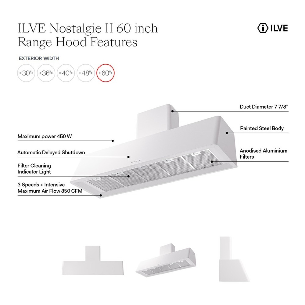 ILVE UAG60 Nostalgie II 60 inch Wall Mount Range Hood with 850 CFM, 3 Speed + Intensive, Front LED Light Bar