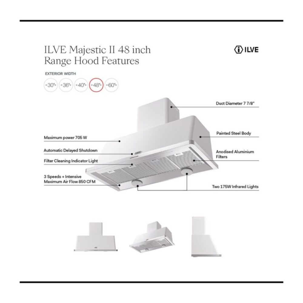 ILVE UAM120 Majestic II 48 inch Range Hood with 850 CFM