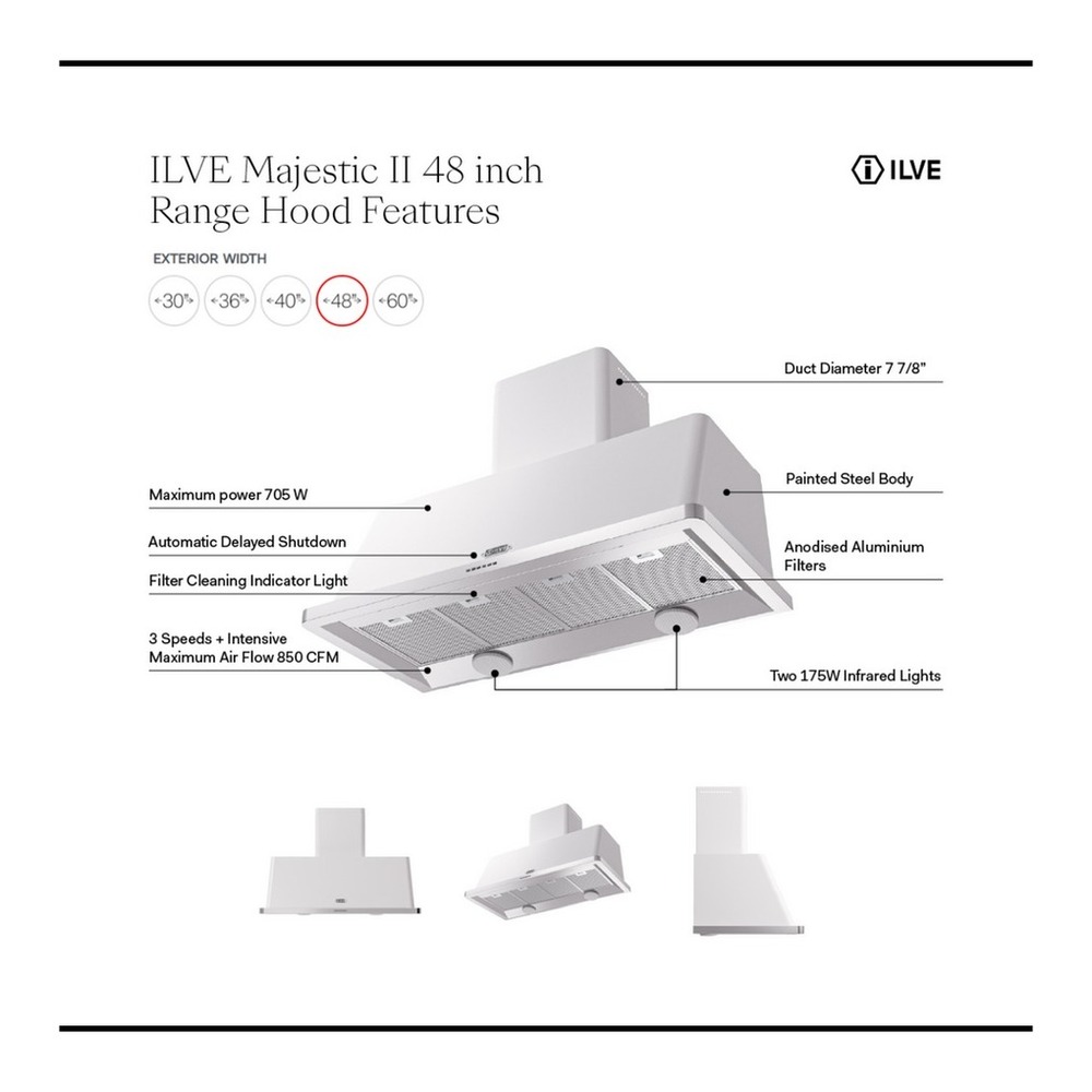 ILVE UAM120 Majestic II 48 inch Range Hood with 850 CFM