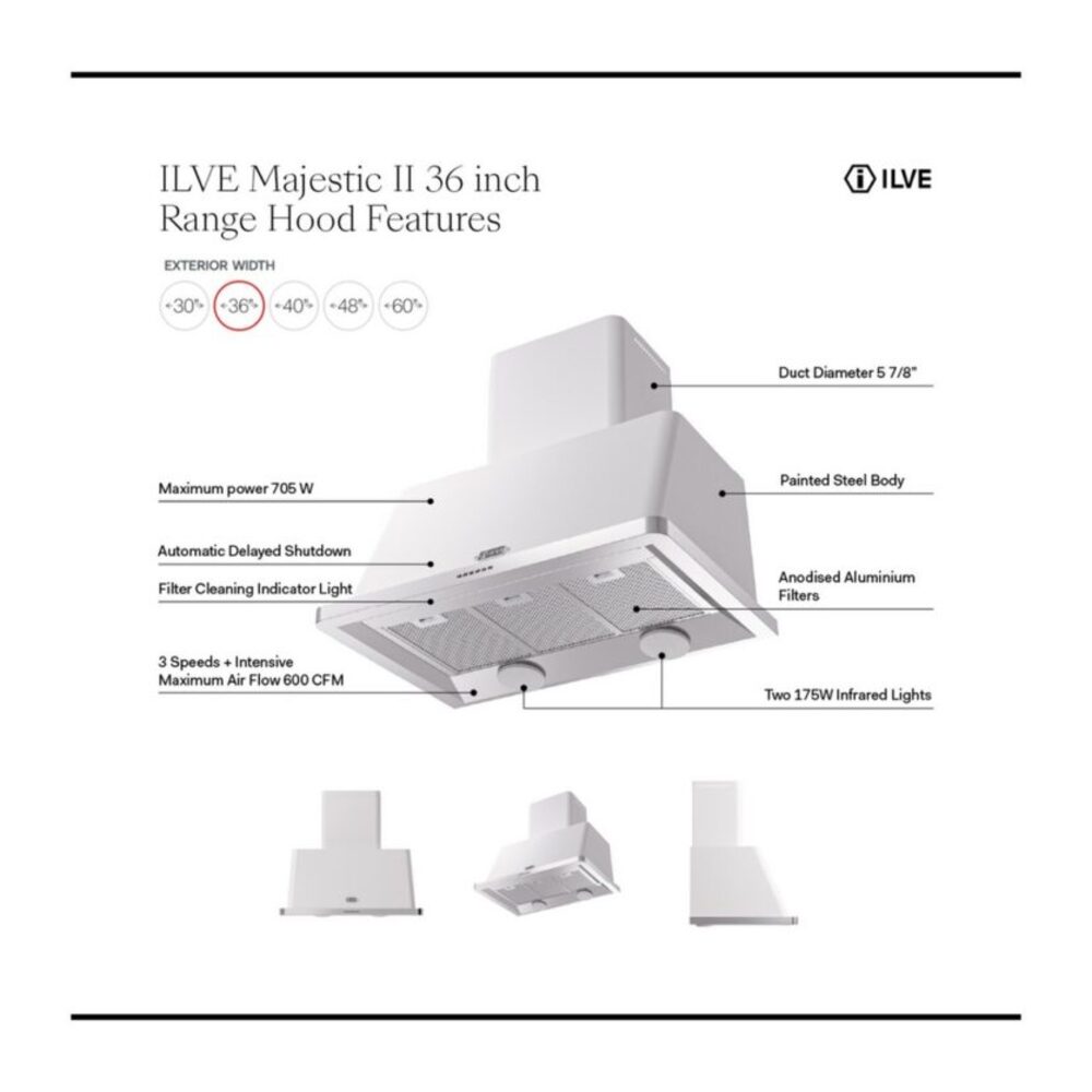 ILVE UAM90 Majestic II 36 inch Range Hood with 600 CFM