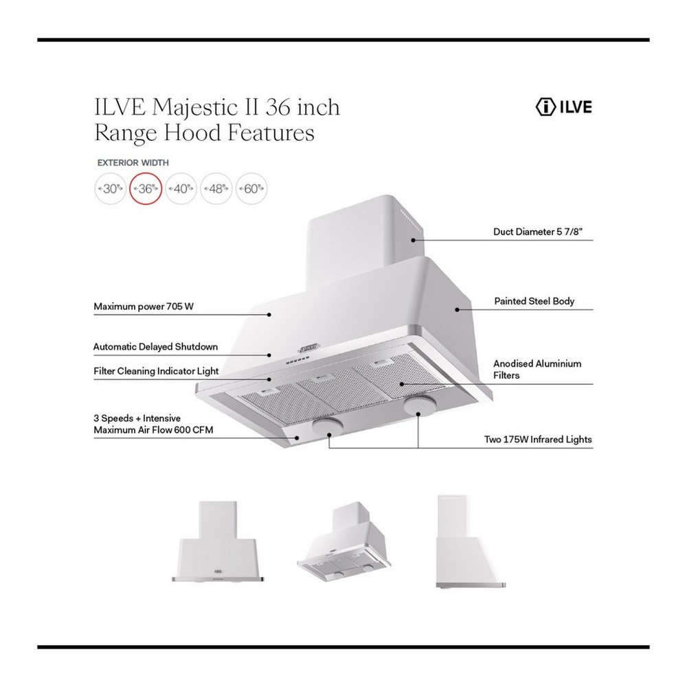 ILVE UAM90 Majestic II 36 inch Range Hood with 600 CFM