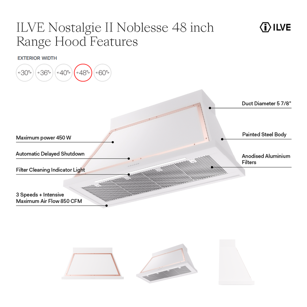 ILVE UANB48MGP Nostalgie II Noblesse 48 inch Range Hood with 600 CFM (Graphite Matte, Copper) 2 ILVE UANB48 infographic