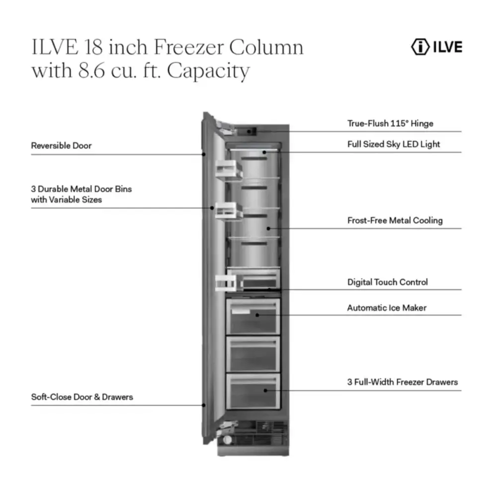 ILVE UFFC18SIN 18 inch Freezer Column with 8.6 cu. ft. Capacity, Automatic Ice Maker, up to 3.9 lb Daily Production, Full Size Ceiling LED Illumination Panel