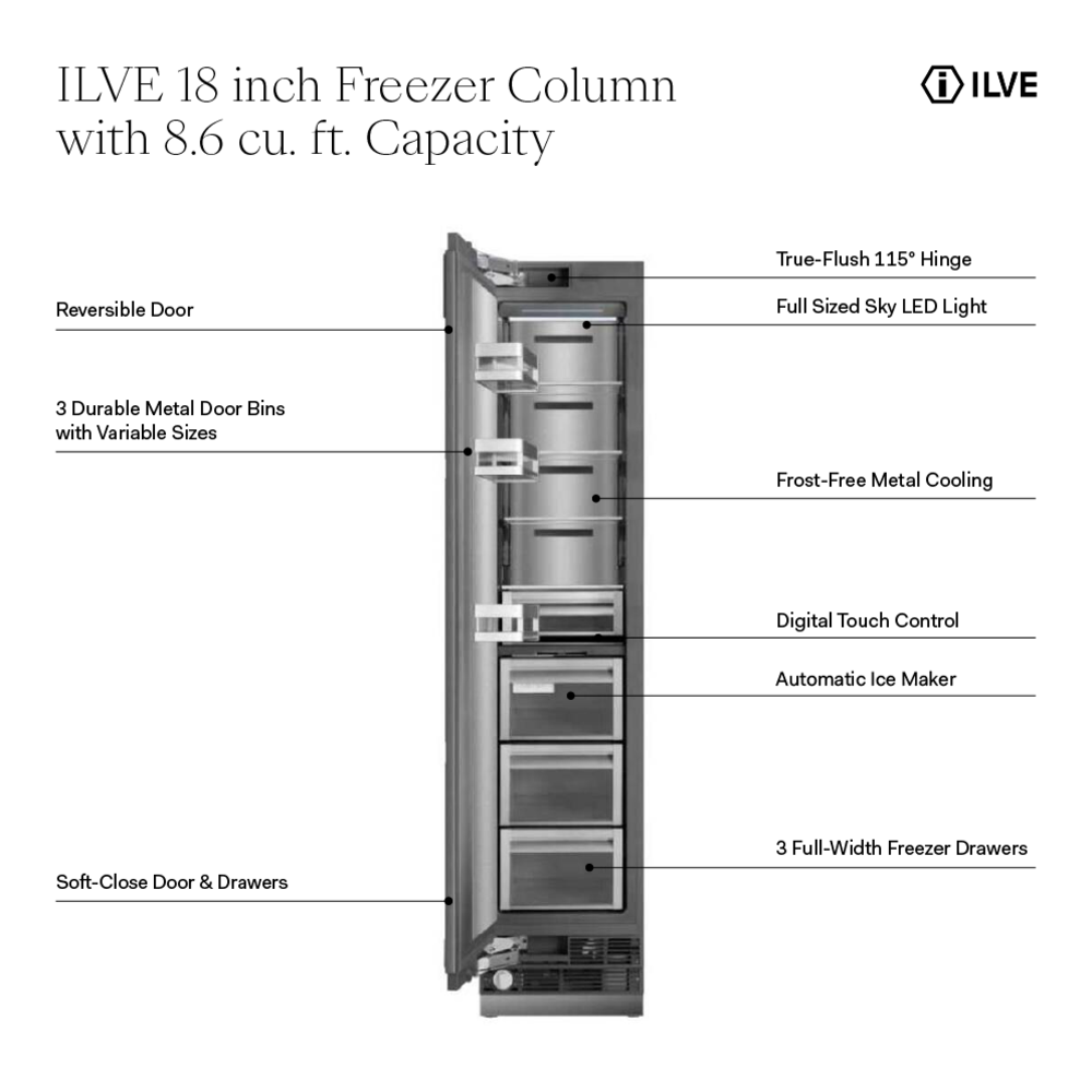 ILVE UFFC18SINPRY 18 inch Freezer Column with 8.6 cu. ft. Capacity, Automatic Ice Maker, up to 3.9 lb Daily Production, Full Size Ceiling LED Illumination Panel 2 ILVE UFFC18SIN 18 inch Freezer Column with 8.6 cu. ft. Capacity, Automatic Ice Maker, up to 3.9 lb Daily Production, Full Size Ceiling LED Illumination Panel