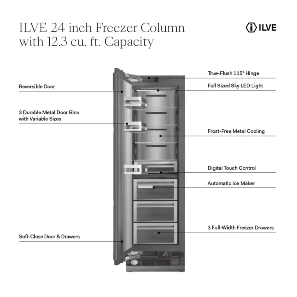 ILVE UFFC24SIN 24 inch Freezer Column with 12.3 cu. ft. Capacity, Automatic Ice Maker, up to 3.9 lb Daily Production, Full Size Ceiling LED Illumination Panel