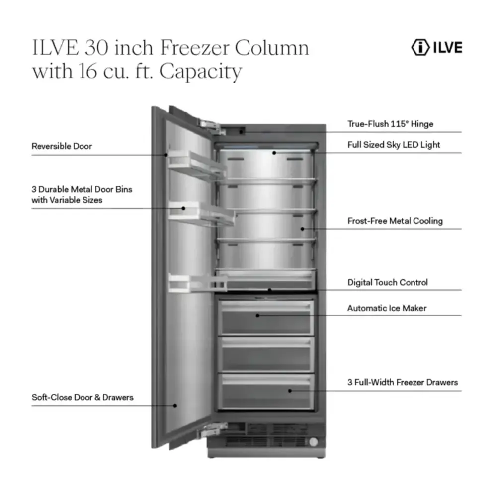 ILVE UFFC30SIN 30 inch Freezer Column with 16 cu. ft. Capacity, Automatic Ice Maker, up to 3.9 lb Daily Production, Full Size Ceiling LED Illumination Panel