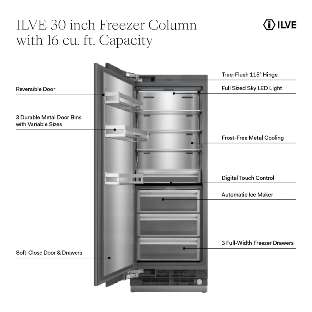 ILVE UFFC30SINPRY 30 inch Freezer Column with 16 cu. ft. Capacity, Automatic Ice Maker, up to 3.9 lb Daily Production, Full Size Ceiling LED Illumination Panel 2 ILVE UFFC30SIN 30 inch Freezer Column with 16 cu. ft. Capacity, Automatic Ice Maker, up to 3.9 lb Daily Production, Full Size Ceiling LED Illumination Panel