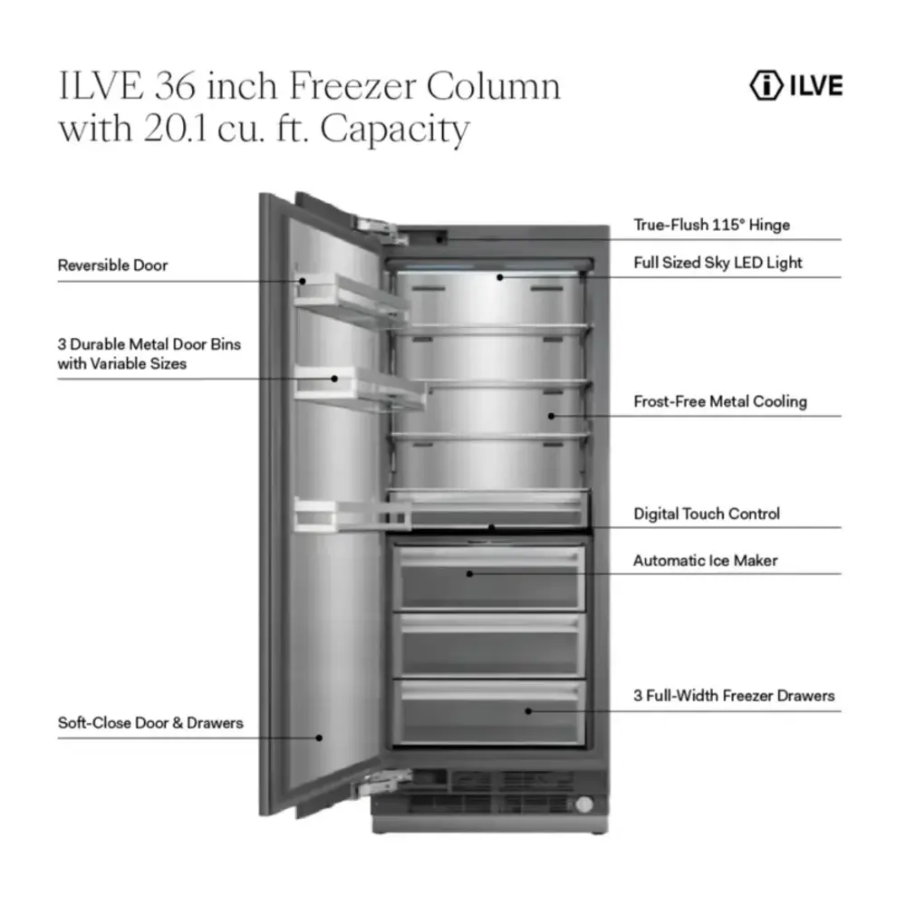 ILVE UFFC36SIN 36 inch Freezer Column with 20.1 cu. ft. Capacity, Automatic Ice Maker, up to 3.9 lb Daily Production, Full Size Ceiling LED Illumination Panel