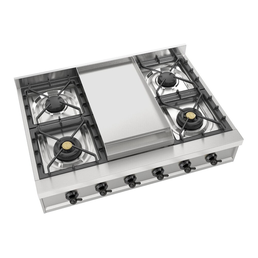 ILVE UHCP36FNSSBLP Nostalgie II 36 inch Built-In Gas Rangetop with 6 Burners and Griddle, in Stainless Steel (Liquid Propane, Burnished) 3 ILVE UHCP36FNSSB left angle