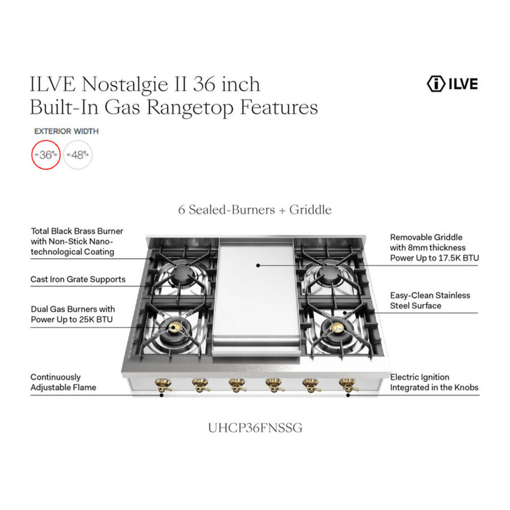 ILVE UHCP36FNSSB Nostalgie II 36 inch Built-In Gas Rangetop with 6 Burners and Griddle, in Stainless Steel (Natural Gas, Burnished) 2 ILVE UHCP36FN infographic