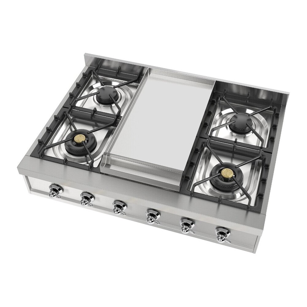 ILVE UHCP36FNSSC Nostalgie II 36 inch Built-In Gas Rangetop with 6 Burners and Griddle, in Stainless Steel (Natural Gas, Chrome) 4 ILVE UHCP36FNSSC right angle