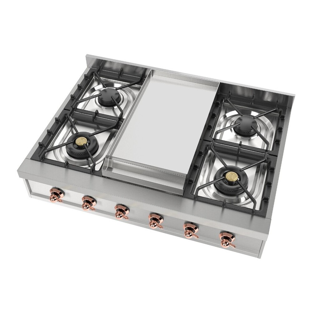 ILVE UHCP36FNSSP Nostalgie II 36 inch Built-In Gas Rangetop with 6 Burners and Griddle, in Stainless Steel (Natural Gas, Copper) 4 ILVE UHCP36FNSSP right angle
