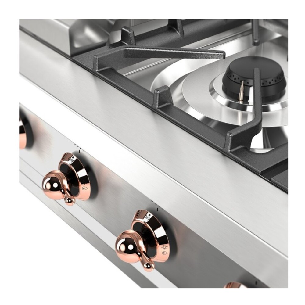 ILVE UHCP36FNSSP Nostalgie II 36 inch Built-In Gas Rangetop with 6 Burners and Griddle, in Stainless Steel (Natural Gas, Copper) 7 ILVE UHCP36FNSSP close up on knobs