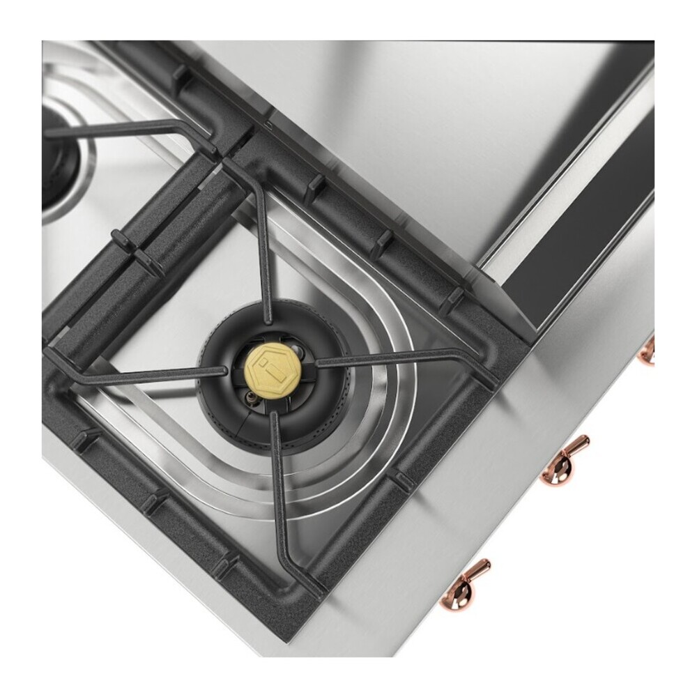 ILVE UHCP36FNSSP Nostalgie II 36 inch Built-In Gas Rangetop with 6 Burners and Griddle, in Stainless Steel (Natural Gas, Copper) 8 ILVE UHCP36FNSSP close up on dual function burner