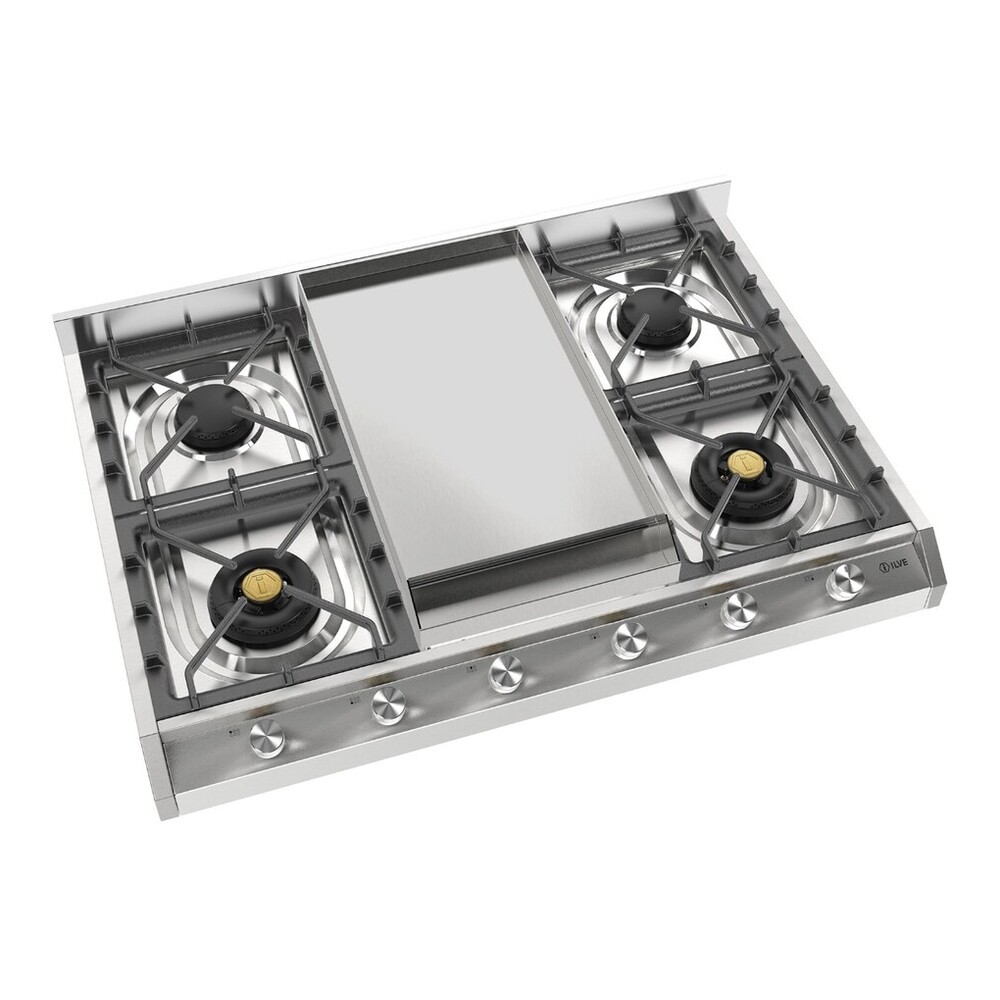 ILVE UHCP965FSS Professional Plus II 36 inch Built-In Gas Cooktop with Griddle, in Stainless Steel (Natural Gas) 3 ILVE UHCP965FSS left angle