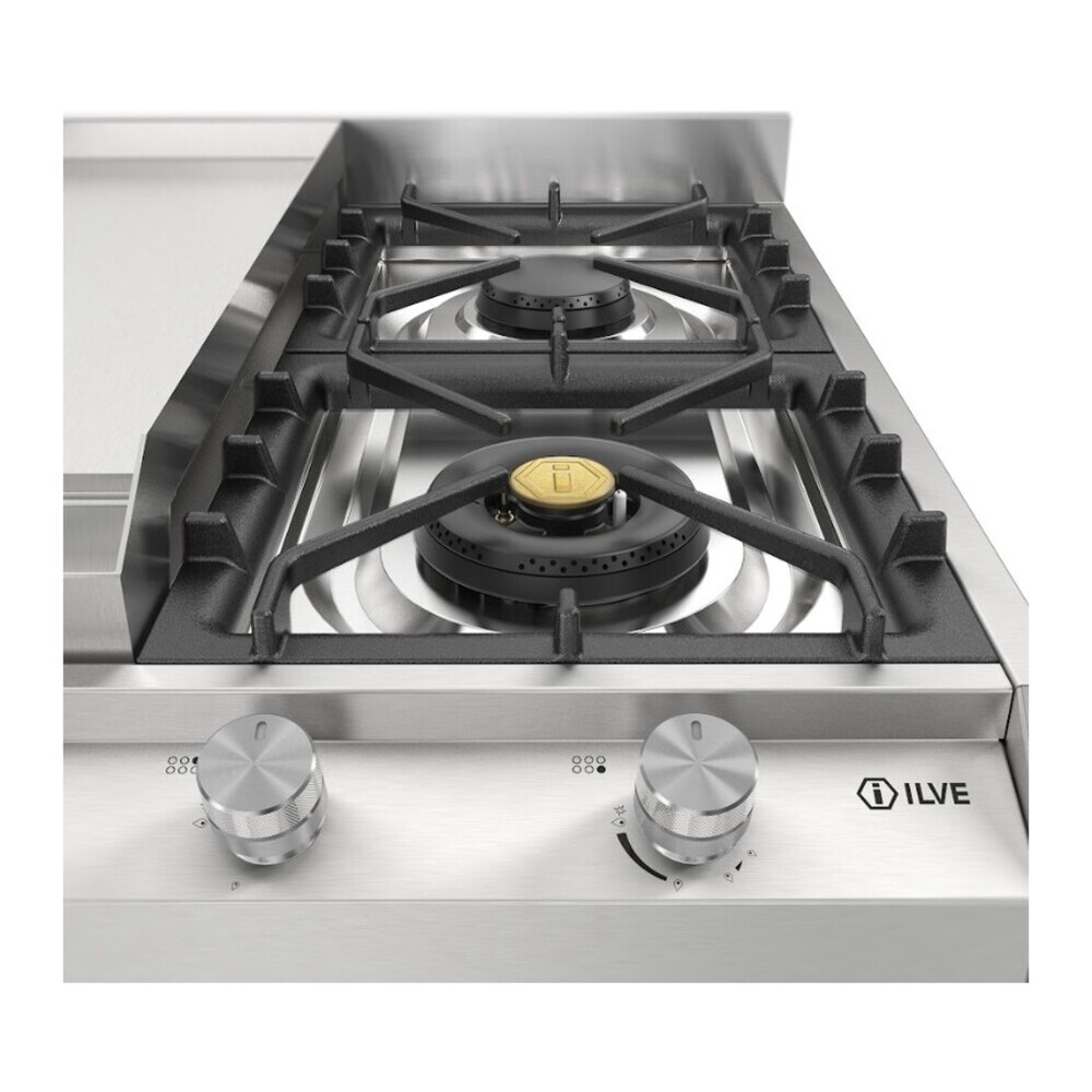 ILVE UHCP965FSS Professional Plus II 36 inch Built-In Gas Cooktop with Griddle, in Stainless Steel (Natural Gas) 9 ILVE UHCP965FSS front view close up on knobs