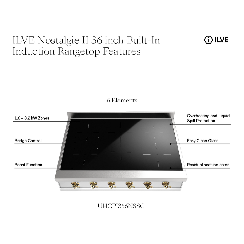 ILVE UHCPI366NSSG Nostalgie II 36 inch Built-In Induction Rangetop with 6 Elements (Brass) 2 ILVE UHCPI366NSSG infographic
