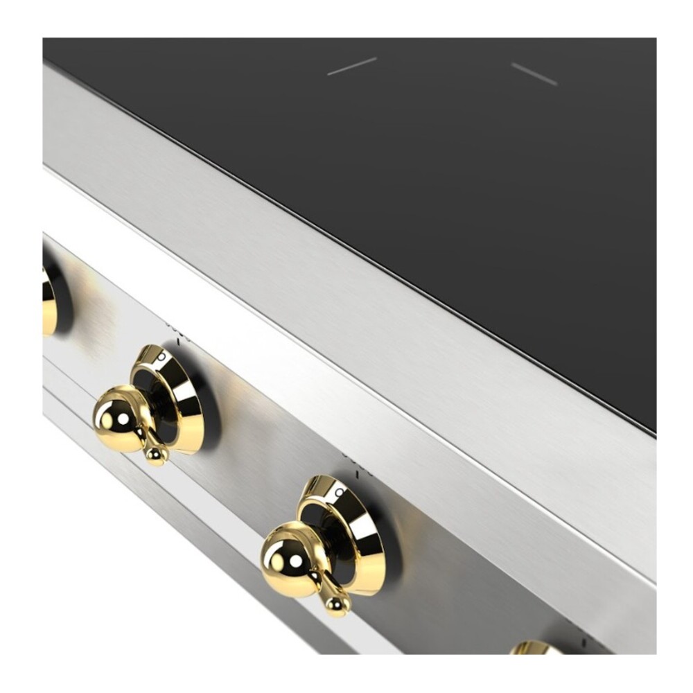 ILVE UHCPI486NSSG Nostalgie II 48 inch Built-In Induction Rangetop with 6 Elements, Stainless Steel (Brass) 7 ILVE UHCPI486NSSG close up on knobs