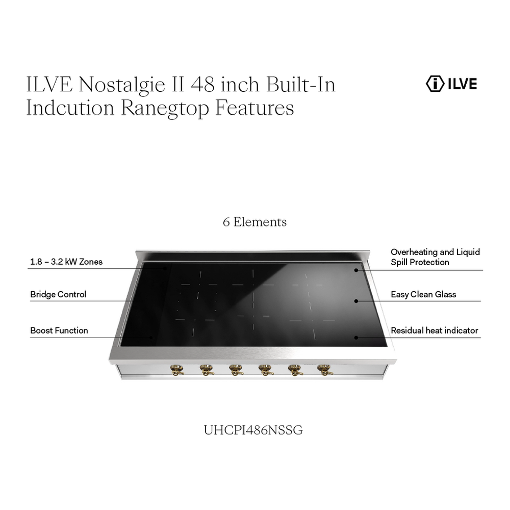 ILVE UHCPI486NSSG Nostalgie II 48 inch Built-In Induction Rangetop with 6 Elements, Stainless Steel (Brass) 2 ILVE UHCPI486NSSG infographic