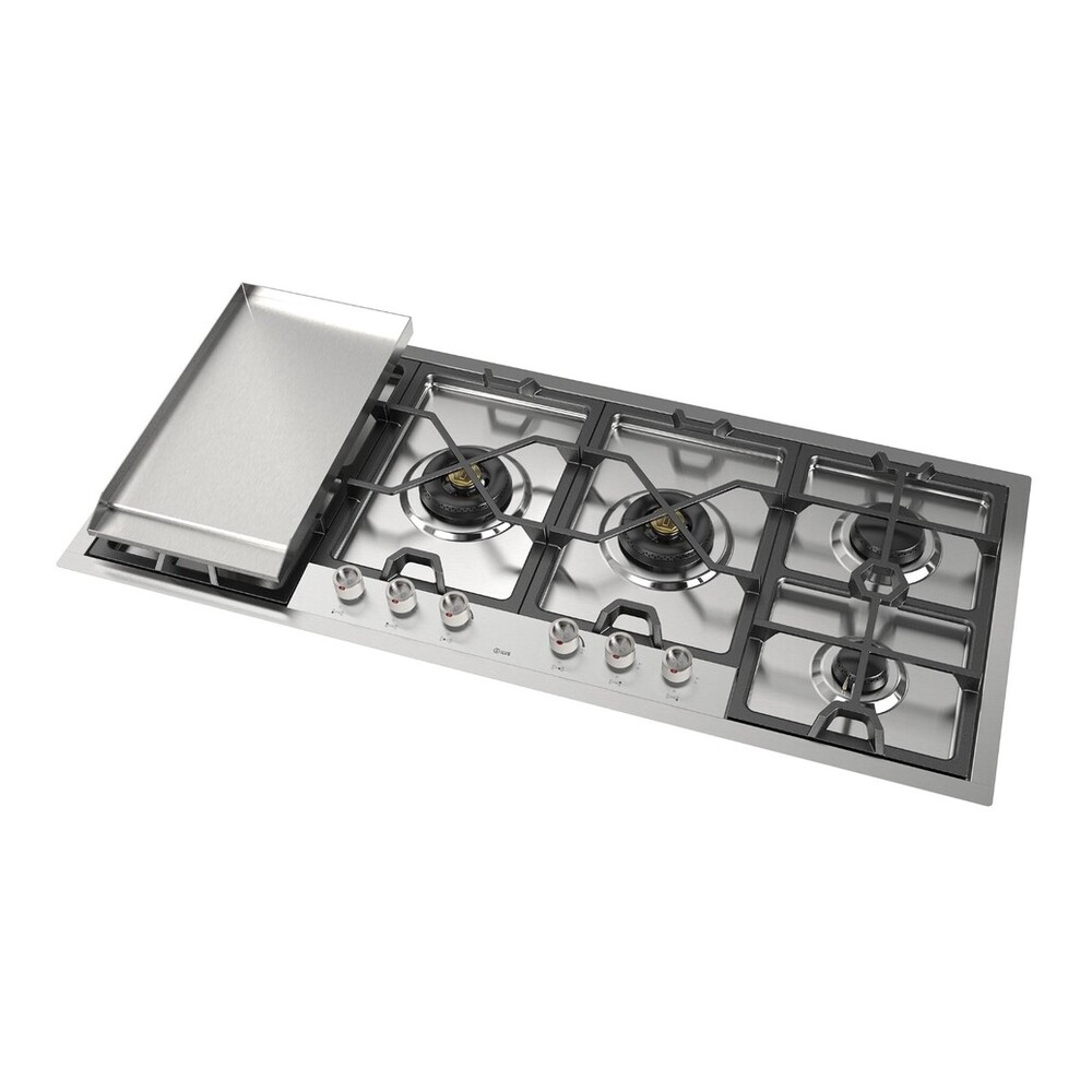 ILVE UHCPMT125FSS Panoramagic 48 inch Built-In Gas Cooktop with Total Black Brass Burners, in Stainless Steel (6 Sealed Burners + Left Griddle, Natural Gas) 4 ILVE UHCPMT125FSS right angle