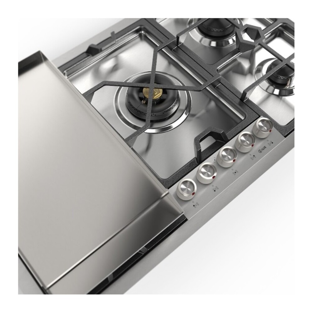 ILVE UHCPMT95FSSLP Panoramagic 36 inch Built-In Gas Cooktop with 5 Burners, in Stainless Steel (Liquid Propane, 5 Sealed Burners + Griddle) 5 ILVE UHCPMT95FSSLP close up on griddle