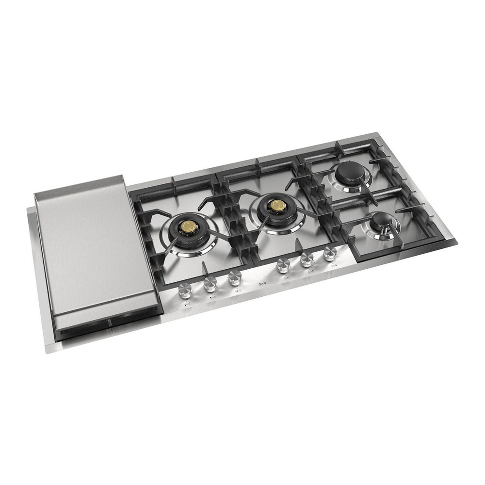 ILVE UHCPT125FSS Professional Plus II 48 inch Built-In Gas Cooktop with Total Black Brass Burners, in Stainless Steel (6 Sealed Burners + Left Griddle, Natural Gas) 7 ILVE UHCPT125FSS left angle