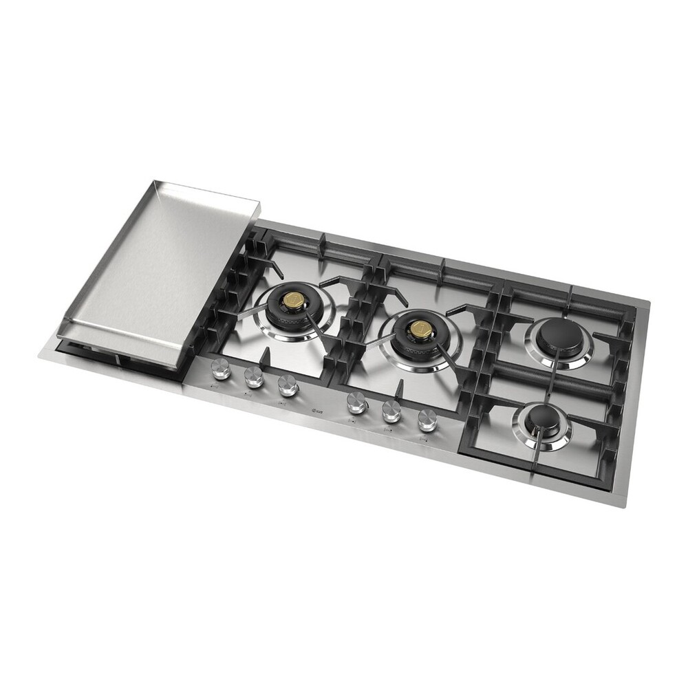 ILVE UHCPT125FSS Professional Plus II 48 inch Built-In Gas Cooktop with Total Black Brass Burners, in Stainless Steel (6 Sealed Burners + Left Griddle, Natural Gas) 8 ILVE UHCPT125FSS right angle