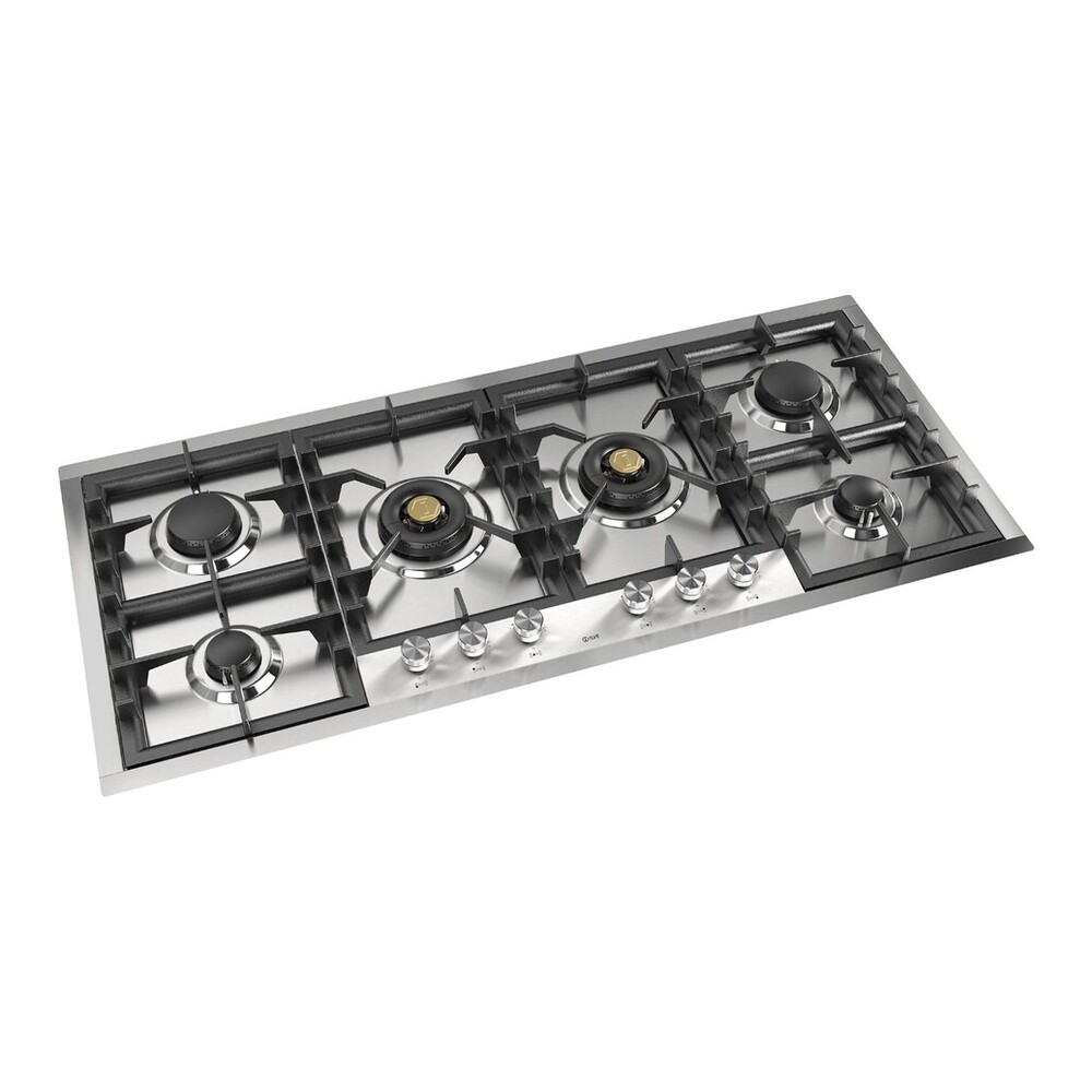 ILVE UHCPT125SS Professional Plus II 48 inch Built-In Gas Cooktop with Total Black Brass Burners, in Stainless Steel (6 Sealed Burners, Natural Gas) 7 ILVE UHCPT125SS left angle