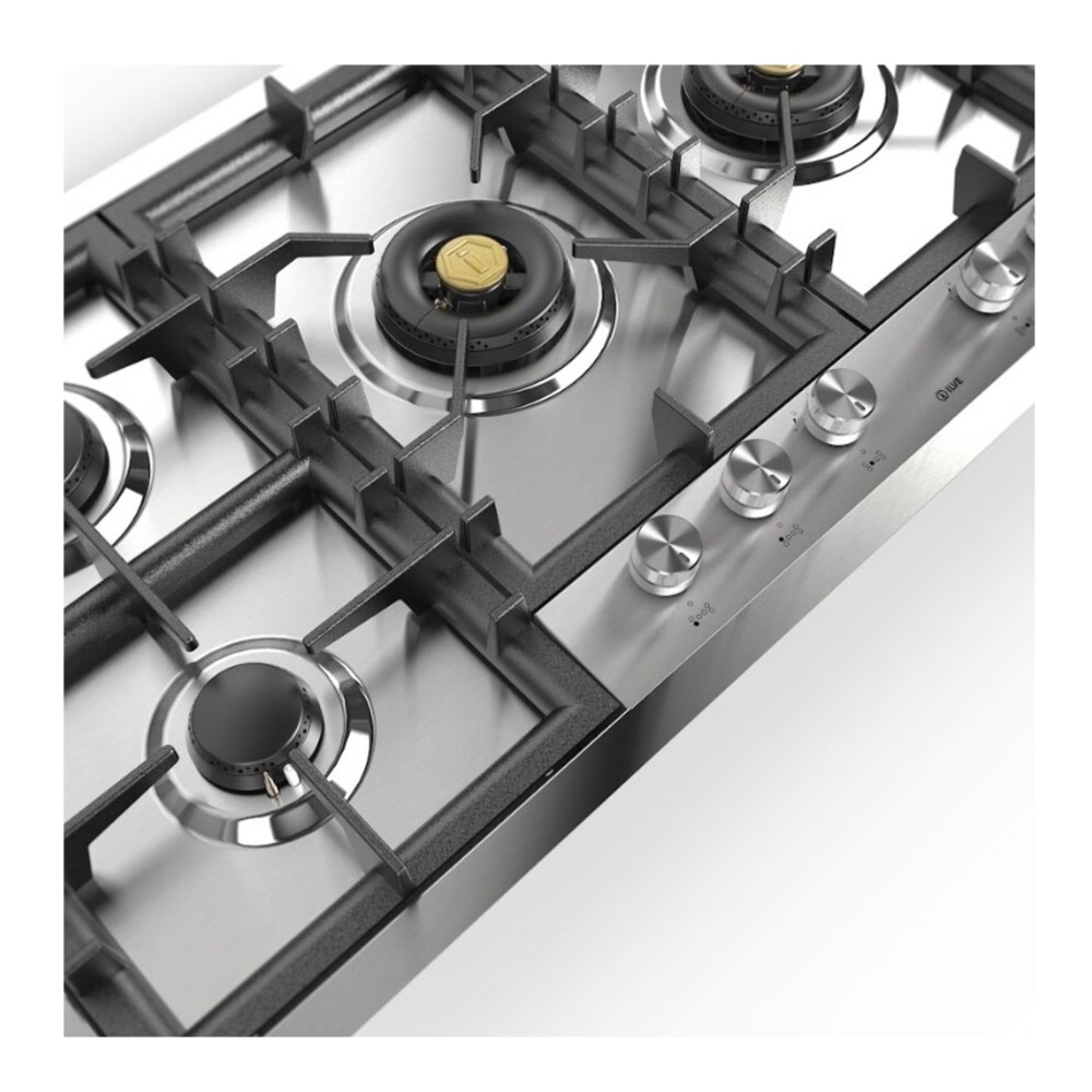 ILVE UHCPT125SS Professional Plus II 48 inch Built-In Gas Cooktop with Total Black Brass Burners, in Stainless Steel (6 Sealed Burners, Natural Gas) 9 ILVE UHCPT125SS close up on dual burner