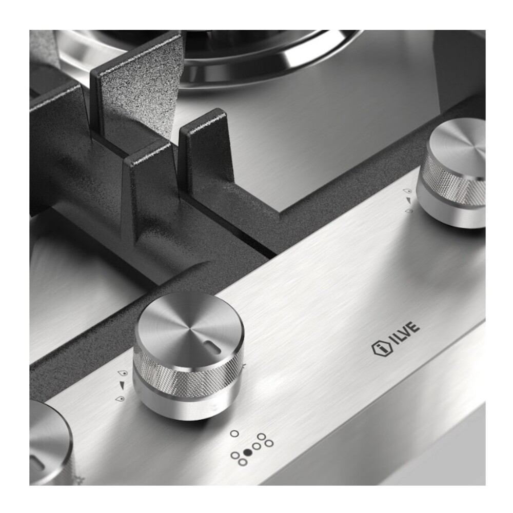 ILVE UHCPT125SS Professional Plus II 48 inch Built-In Gas Cooktop with Total Black Brass Burners, in Stainless Steel (6 Sealed Burners, Natural Gas) 10 ILVE UHCPT125SS close up on knobs