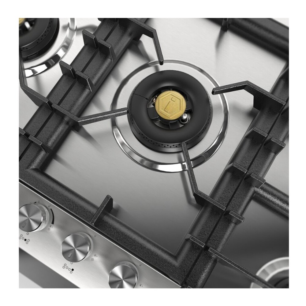 ILVE UHCPT125SS Professional Plus II 48 inch Built-In Gas Cooktop with Total Black Brass Burners, in Stainless Steel (6 Sealed Burners, Natural Gas) 11 ILVE UHCPT125SS right angle close up on dual burner