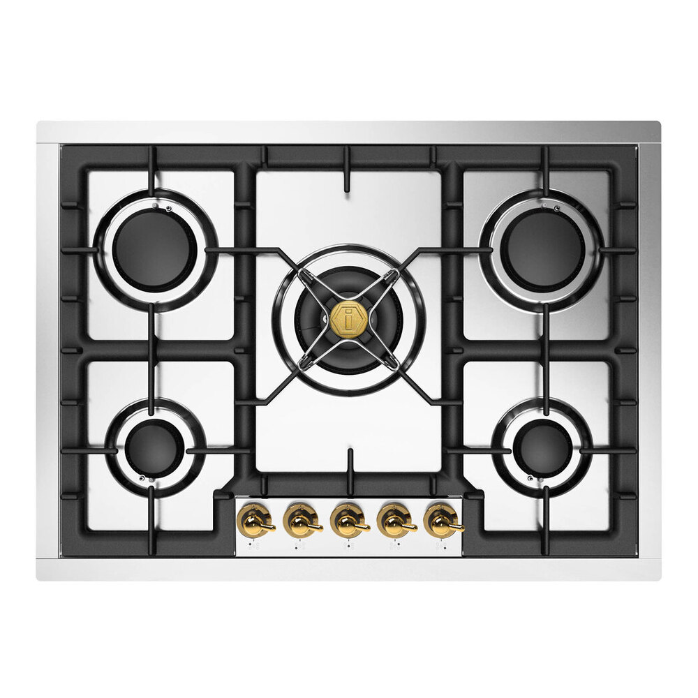 ILVE UHCPT75NSSGLP Nostalgie II 30 inch Built-In Gas Cooktop with 5 Burners, in Stainless Steel (Liquid Propane, Brass) 1 UHCPT75NSSGLP