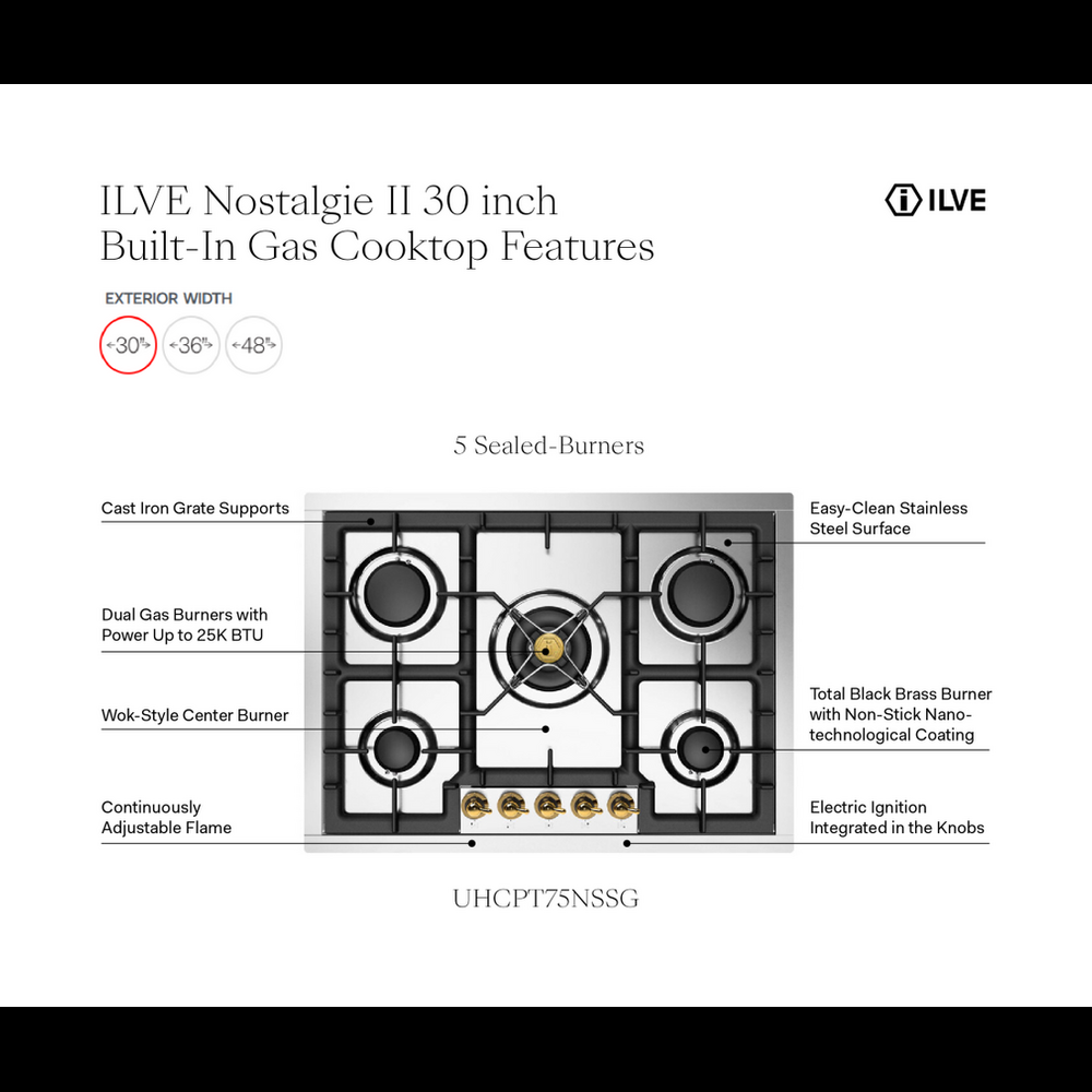 ILVE UHCPT75NSSGLP Nostalgie II 30 inch Built-In Gas Cooktop with 5 Burners, in Stainless Steel (Liquid Propane, Brass) 2 ILVE UHCPT75NSSG infographic