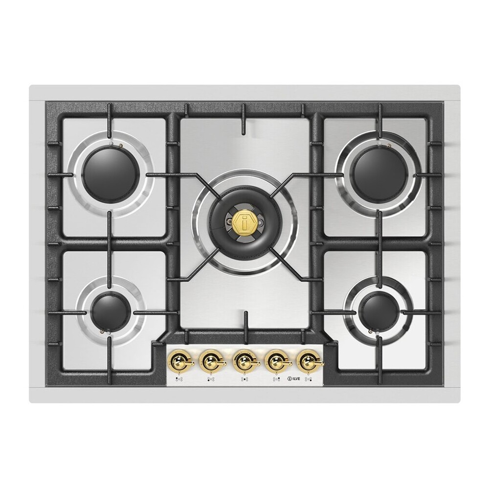 ILVE UHCPT75NSSGLP Nostalgie II 30 inch Built-In Gas Cooktop with 5 Burners, in Stainless Steel (Liquid Propane, Brass) 7 ILVE UHCPT75NSSGLP top view