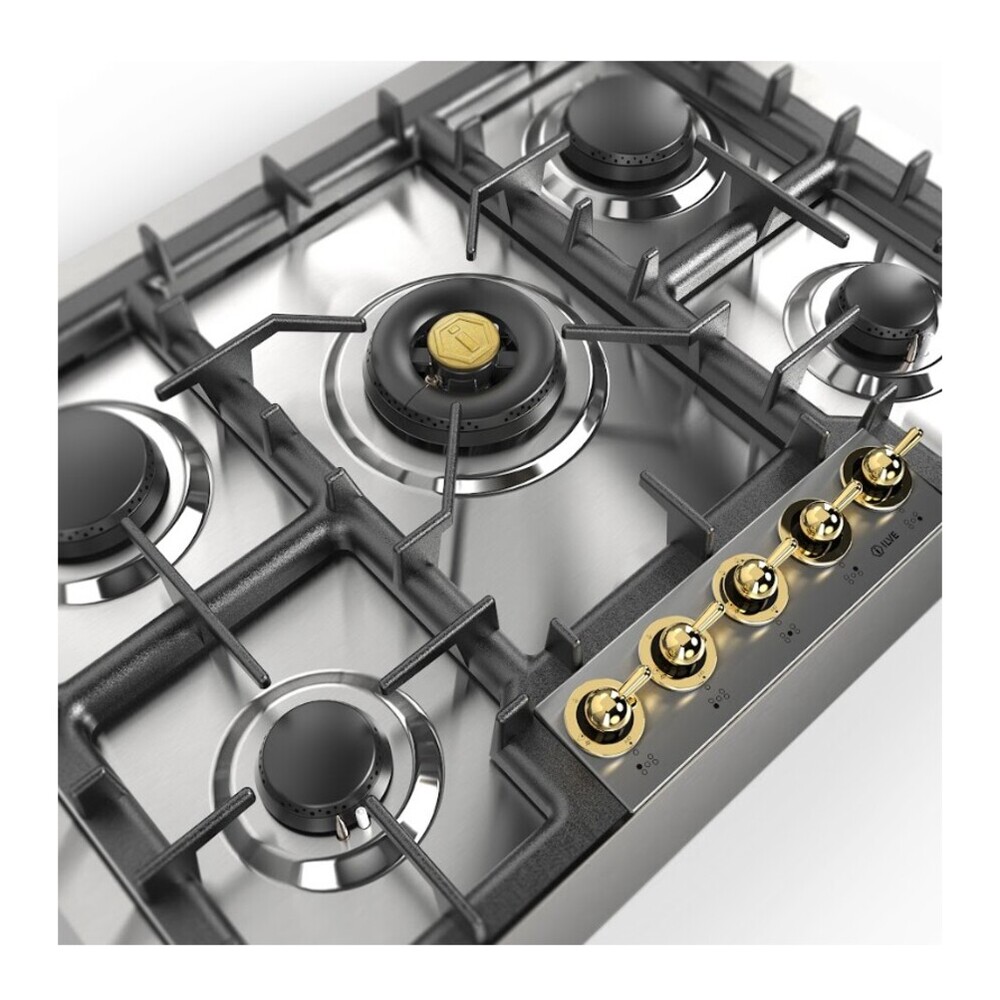 ILVE UHCPT75NSSGLP Nostalgie II 30 inch Built-In Gas Cooktop with 5 Burners, in Stainless Steel (Liquid Propane, Brass) 8 ILVE UHCPT75NSSGLP close up on center dual burner