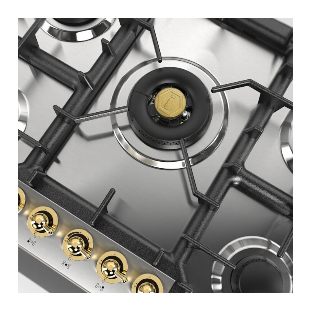 ILVE UHCPT75NSSGLP Nostalgie II 30 inch Built-In Gas Cooktop with 5 Burners, in Stainless Steel (Liquid Propane, Brass) 10 ILVE UHCPT75NSSGLP right angle close up on dual burner