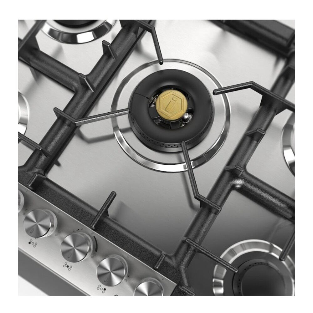 ILVE UHCPT75SSLP Professional Plus II 30 inch Built-In Gas Cooktop with 5 Burners, in Stainless Steel (Liquid Propane) 9 ILVE UHCPT75SSLP right angle close up on dual burner