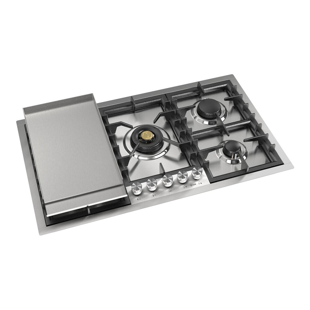ILVE UHCPT95FSSLP Professional Plus II 36 inch Built-In Gas Cooktop with Total Black Brass Burners, in Stainless Steel (5 Sealed Burners + Griddle, Liquid Propane) 3 ILVE UHCPT95FSSLP left angle