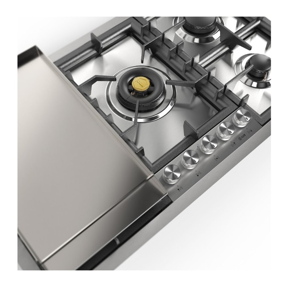ILVE UHCPT95FSSLP Professional Plus II 36 inch Built-In Gas Cooktop with Total Black Brass Burners, in Stainless Steel (5 Sealed Burners + Griddle, Liquid Propane) 5 ILVE UHCPT95FSSLP close up on griddle