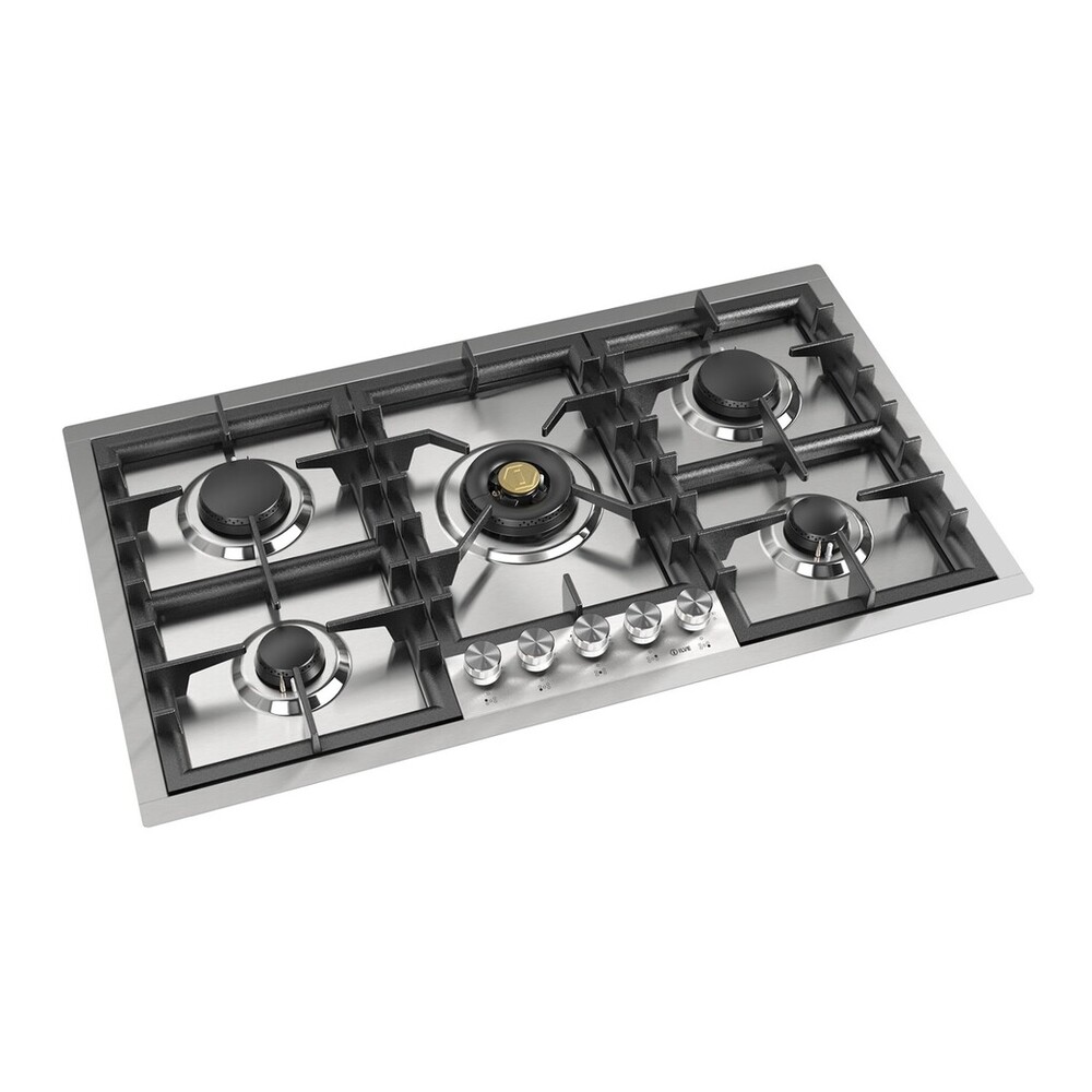ILVE UHCPT95SS Professional Plus II 36 inch Built-In Gas Cooktop with Total Black Brass Burners, in Stainless Steel (5 Sealed Burners, Natural Gas) 3 ILVE UHCPT95SS left angle